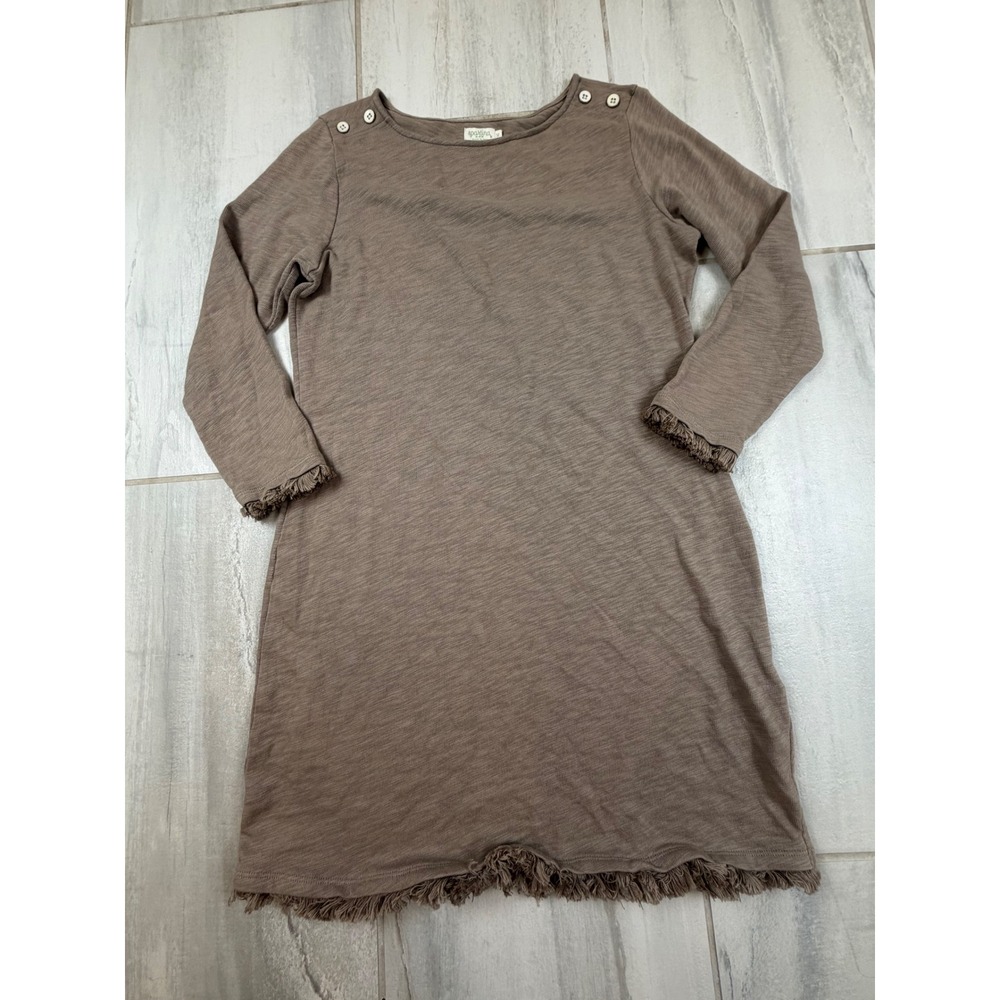 Spartina 449 Womens Brown Cotton Fringe Hem Long Sleeve Shift Dress Size Medium